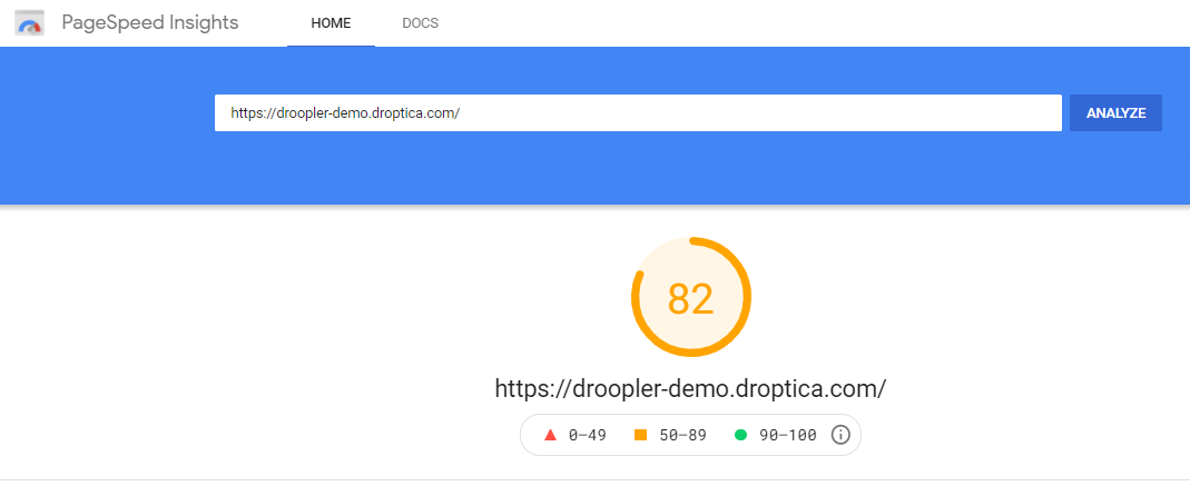 Wynik testu szybkości w PageSpeed Insights dla strony zbudowanej w Drooplerze