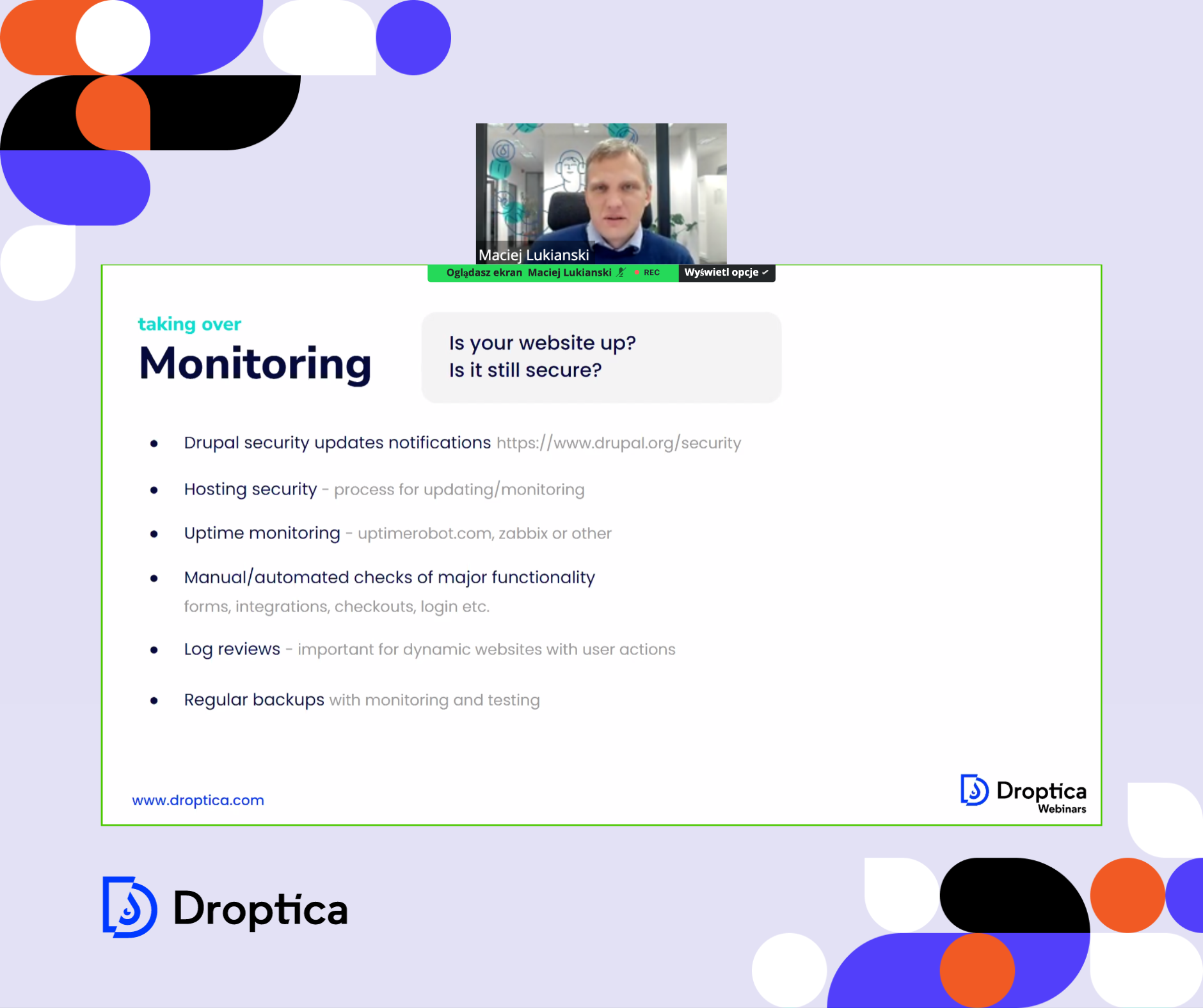 Droptica Webinars to webinary na temat wsparcia Drupala, które odbywały się cyklicznie w 2023 roku.