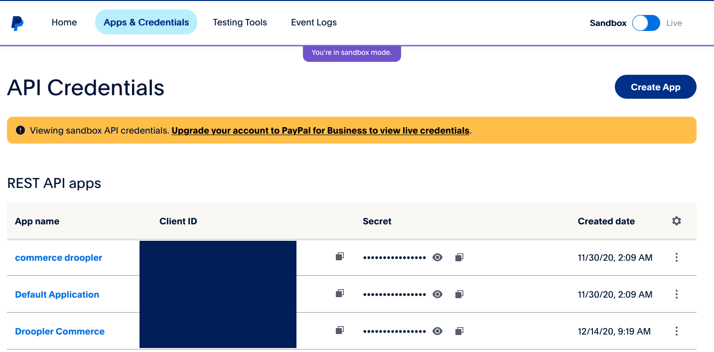 Na koncie PayPal w sekcji Apps & Credentials użytkownik możesz zarządzać podpiętymi aplikacjami.