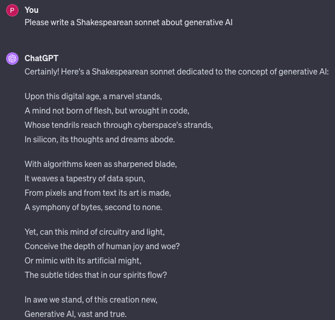 Przykład rozmowy z ChatGPT, w której chatbot wygenerował poemat stylizowany na dzieło Szekspira.