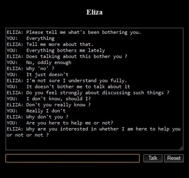 Eliza to pierwszy warty uwagi przykład chatbota z 1966 roku, który symulował rozmowę z użytkownikiem