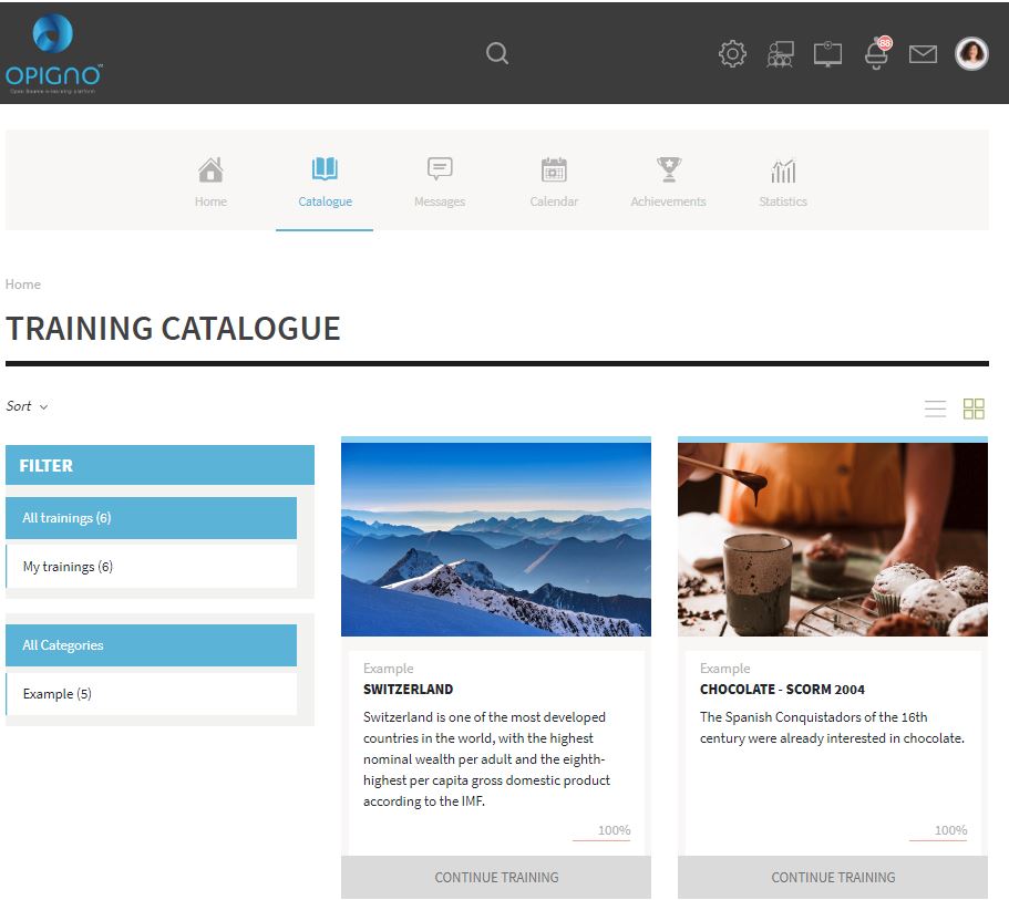 Widok katalogu szkoleń na open source'owej platformie e-learningowej Opigno
