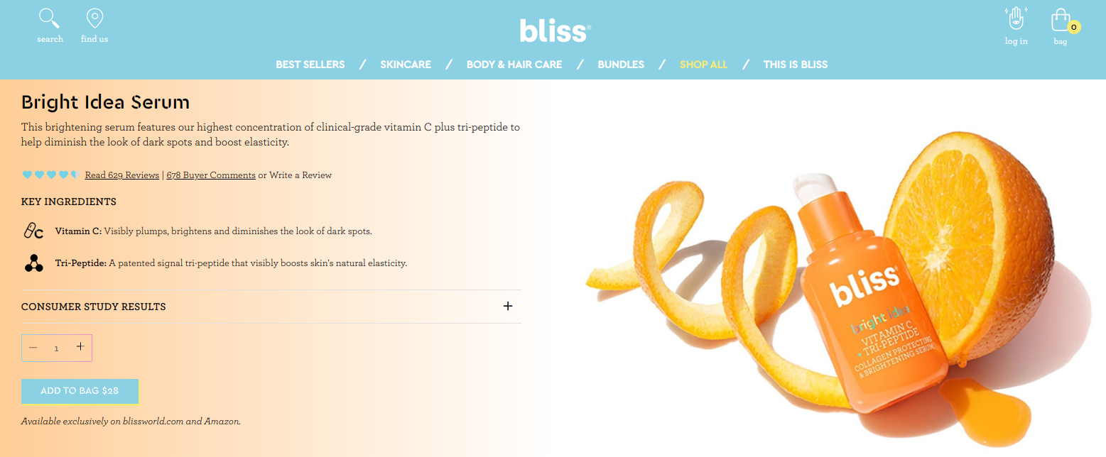 Strona e-commerce Bliss używa ikony torby zamiast klasycznego koszyka