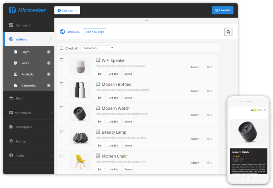 Lista stron w Microweber open source website builder