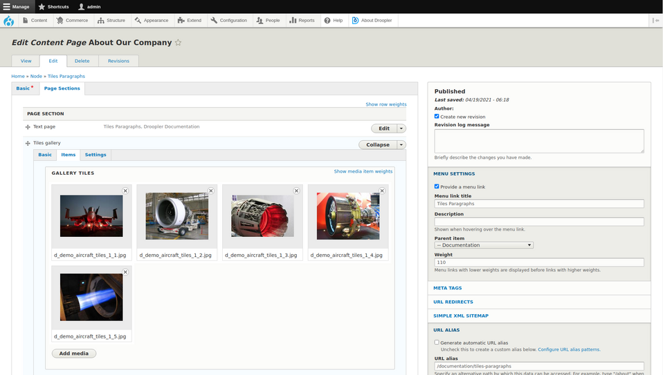 Edycja strony About w Droopler CMS, open source website builder