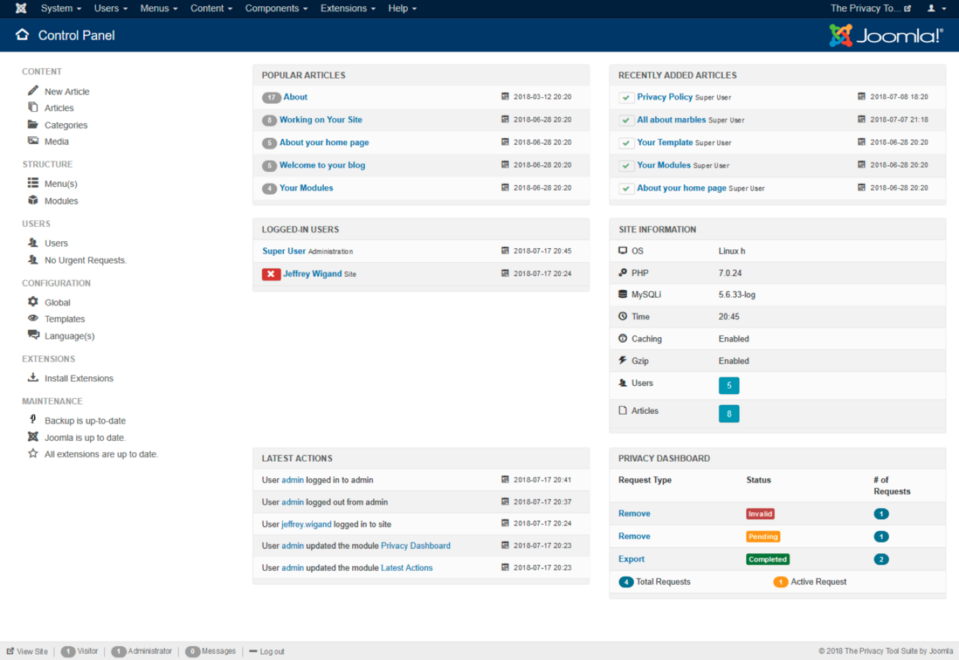 Panel kontrolny Joomla open source website builder