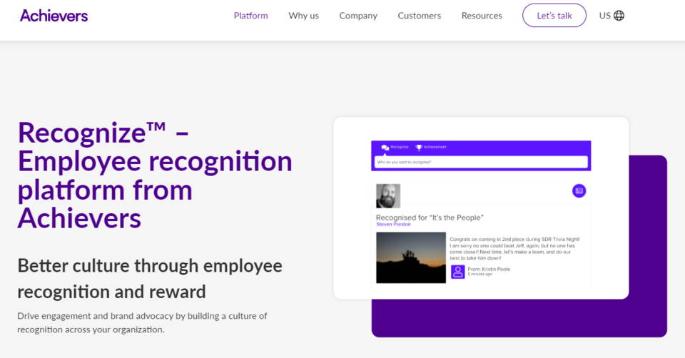 Landing page Recognize firmy Achievers ze zrzutami ekranu produktu