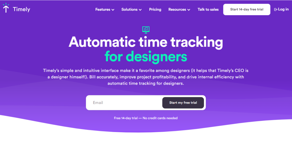 Landing page Timely do śledzenia czasu z zapisem na darmowy okres próbny