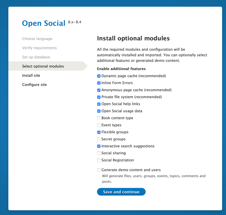 Ekran wyboru modułów podczas instalacji Open Social