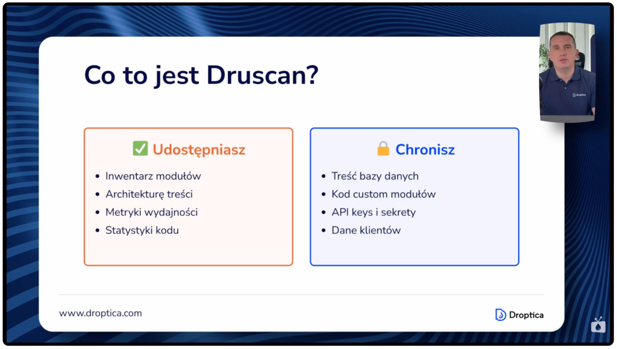 Plansza z odcinka Nowoczesny Drupal z informacją o tym, co udostępnia, a co chroni Druscan.