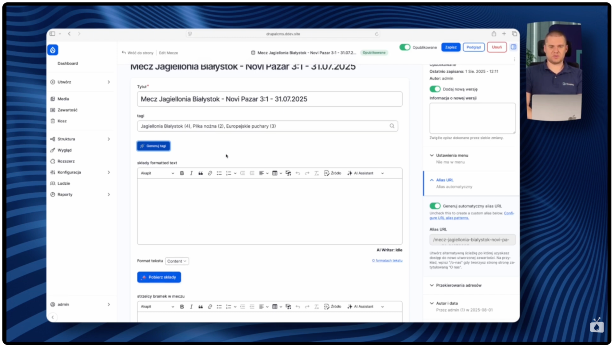 Pierwszy screen: automatyczne generowanie treści w Drupalu