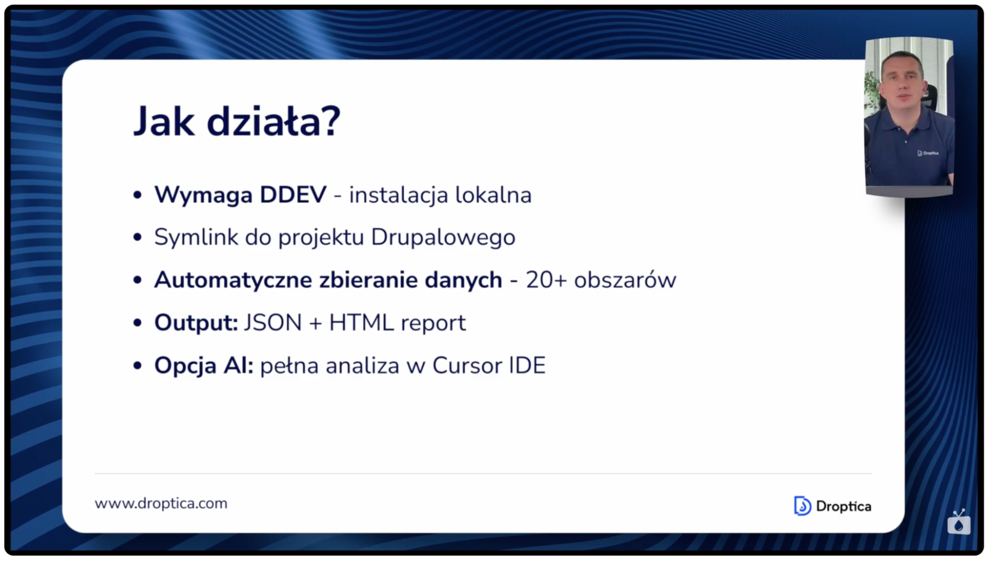 Plansza z odcinka Nowoczesny Drupal przedstawiająca informację o tym, jak działa Druscan.