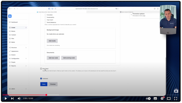 Widok sekcji z artykułem w Open Intranecie, na którym jest checkbox “Must Read” do zaznaczenia w przypadku ważnego newsa firmowego.