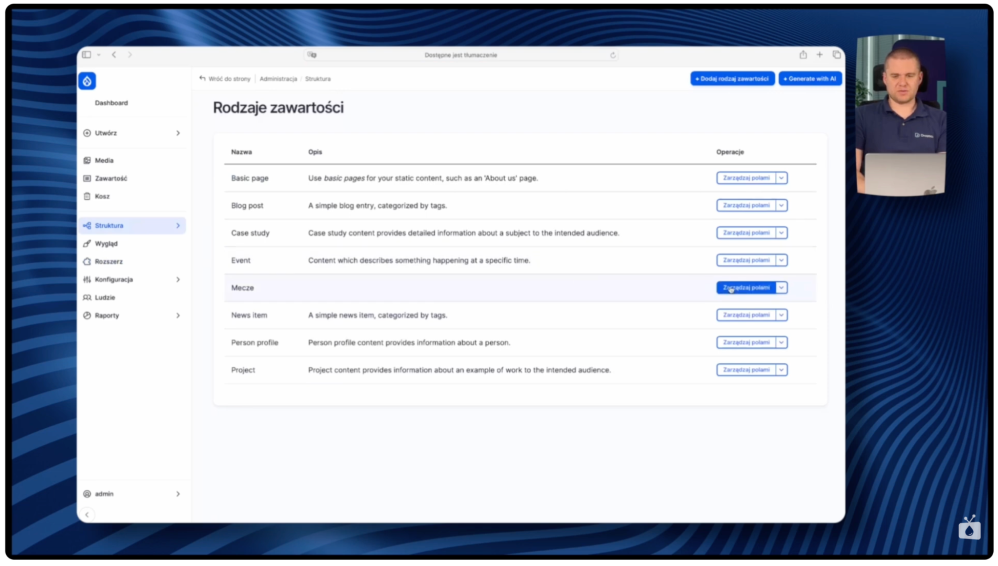 Trzeci screen: automatyczne generowanie treści w Drupalu