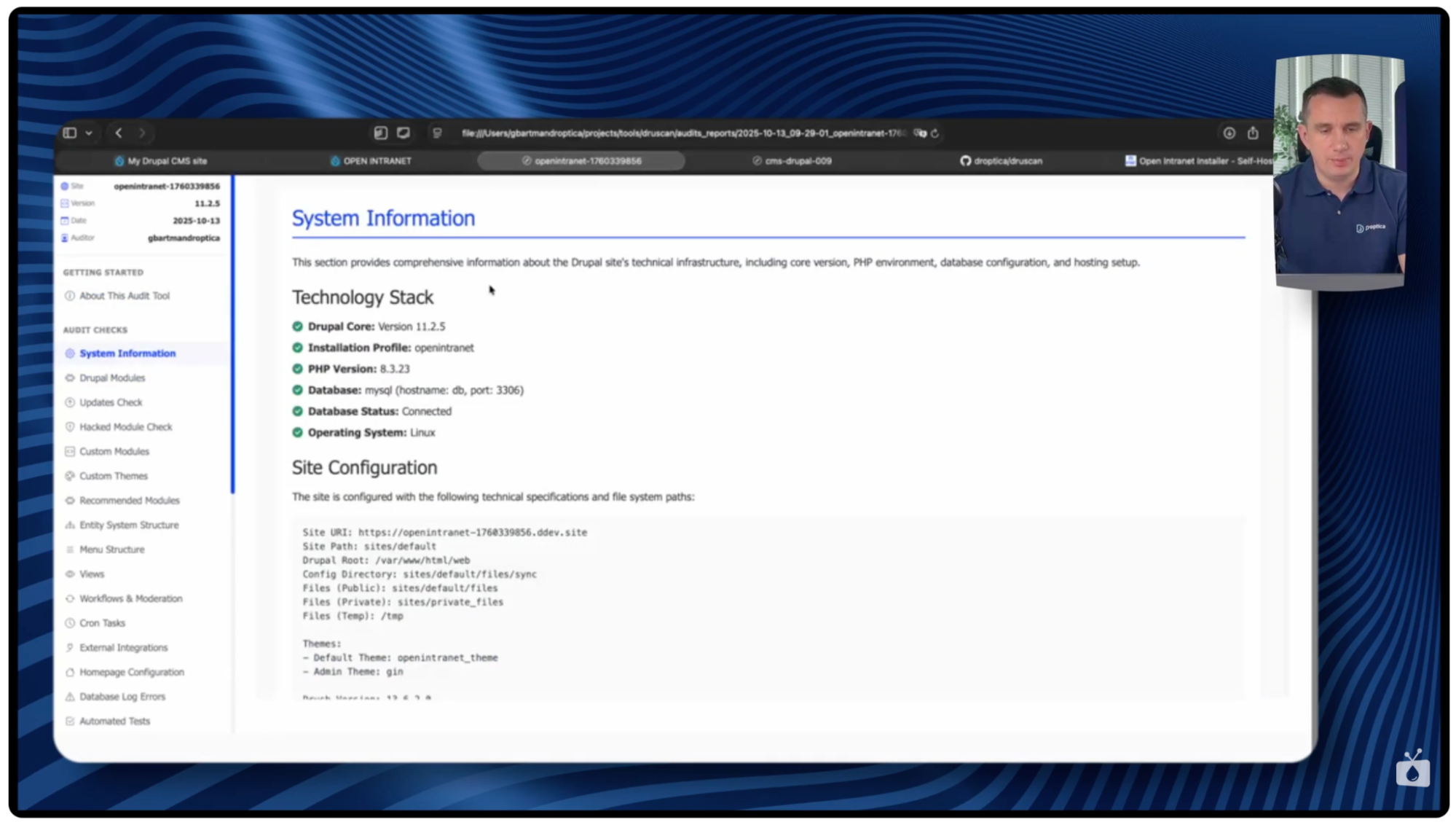 Sekcja raportu Druscan przedstawiająca podstawowe informacje o analizowanym systemie na Drupalu. 