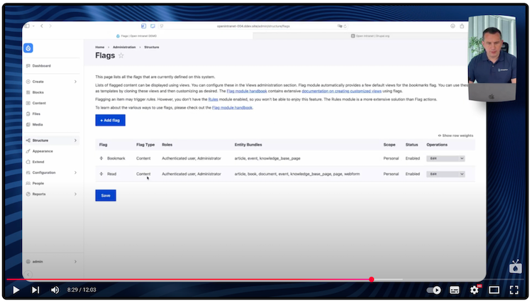 Widok ze stworzoną flagą o nazwie “Read” w Open Intranecie na Drupalu.