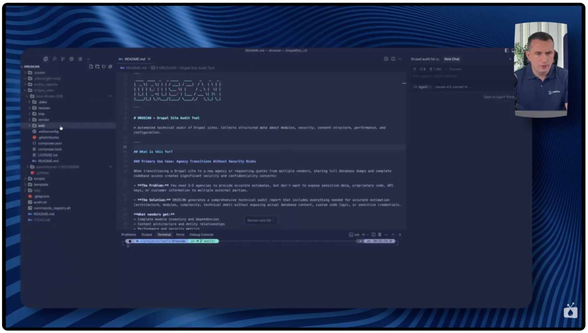 Widok narzędzia Druscan uruchomionego w aplikacji Cursor z katalogami strony do audytu technicznego. 