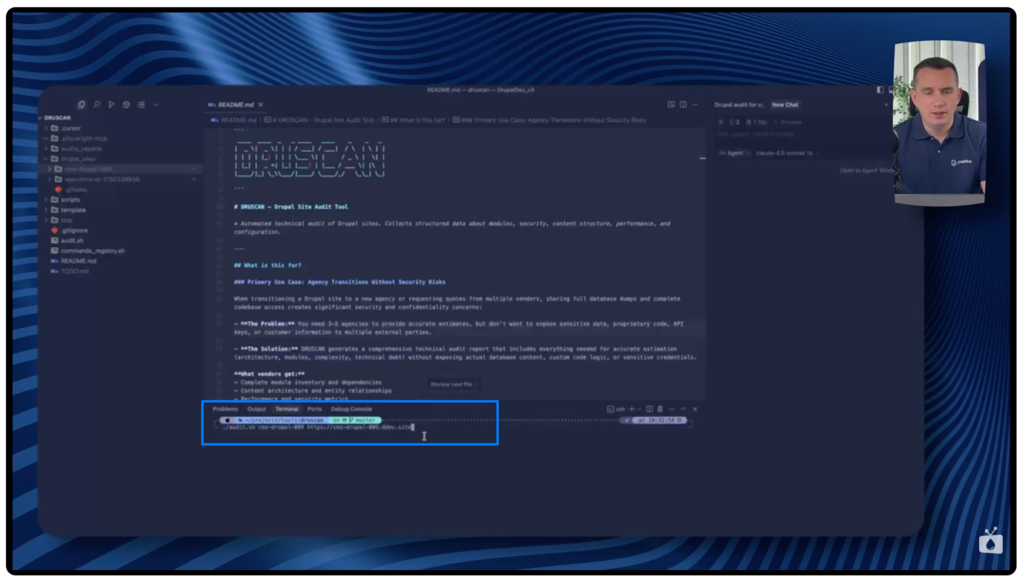 Okno z uruchomionym audytem technicznym Drupala z użyciem skryptu Druscan i narzędzia DDEV.