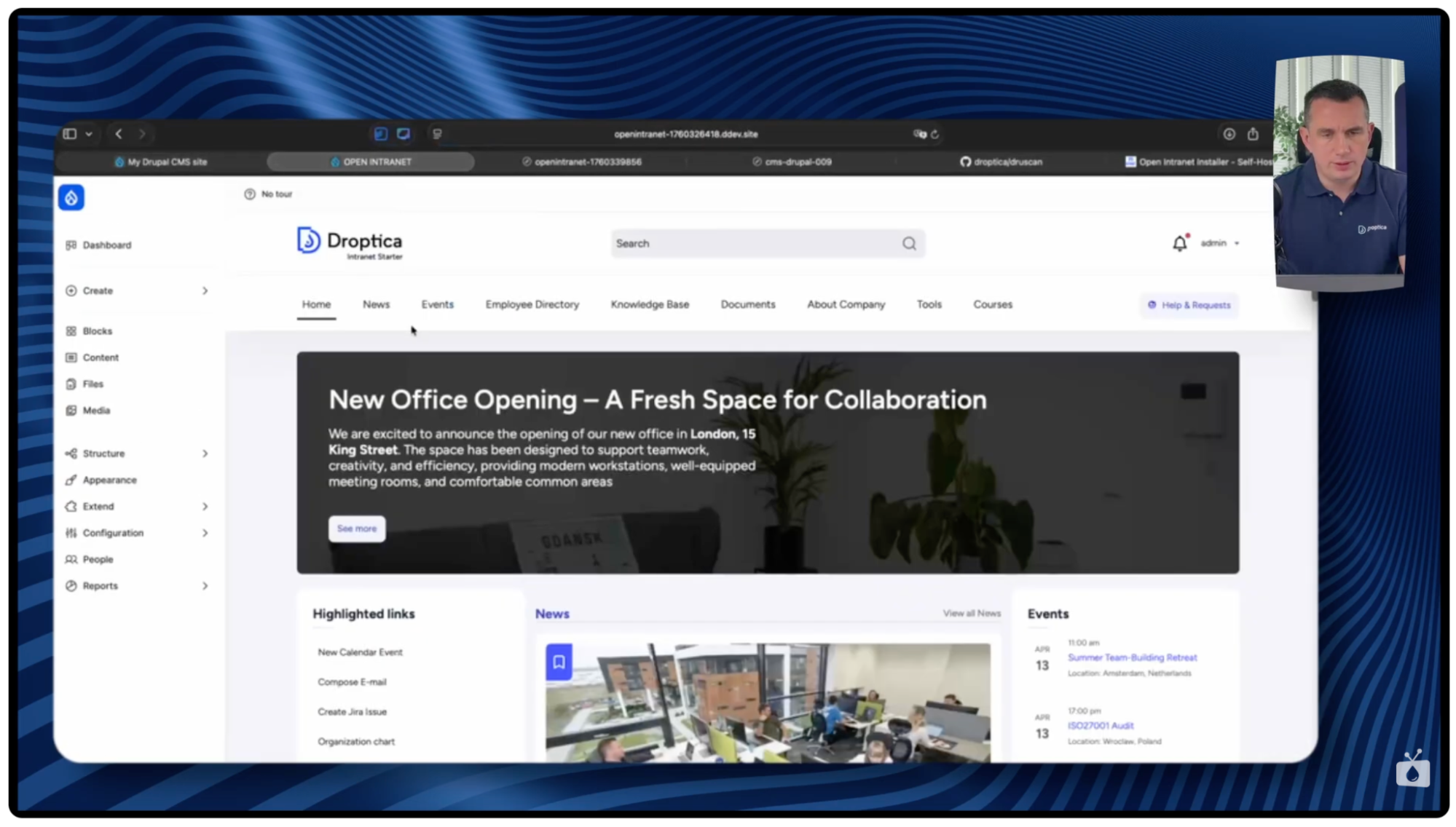 Ekran z wyświetlonym systemem Open Intranet gotowym do audytu technicznego z użyciem narzędzia Druscan.