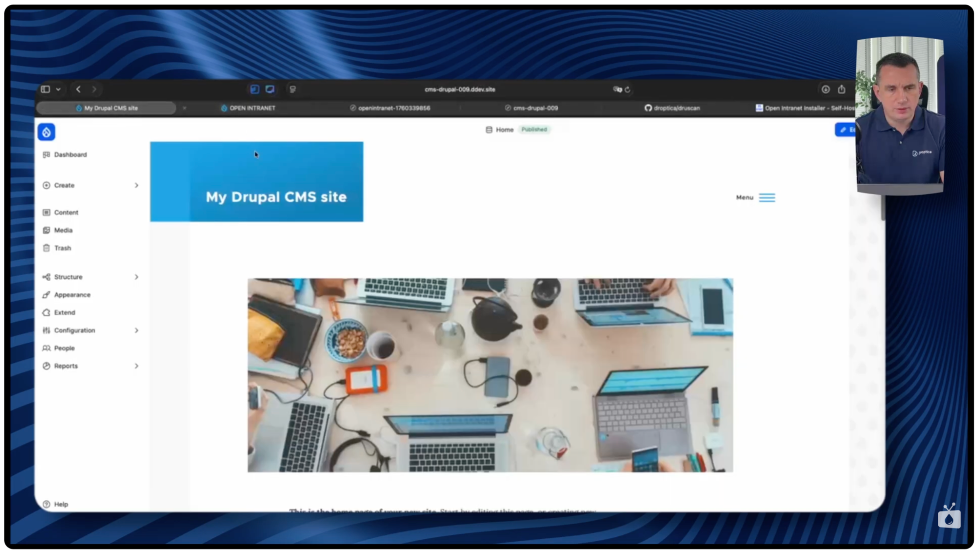 Ekran z systemem Drupal CMS przygotowanym na potrzeby audytu technicznego z użyciem narzędzia Druscan.