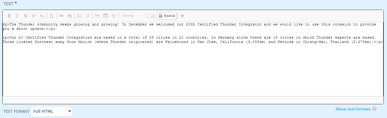 W module CKEditor w Thunder CMS możemy również wpisywać treść w oknie źródła html.