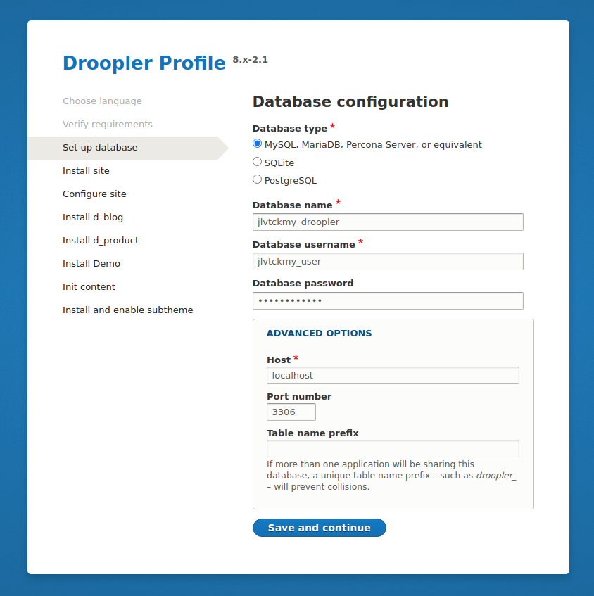 Konfigurowanie bazy danych w instalatorze Droopler