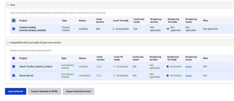 Moduł Drupal Upgrade Status pozwala przeskanować system w poszukiwaniu niekompatybilnych modułów.