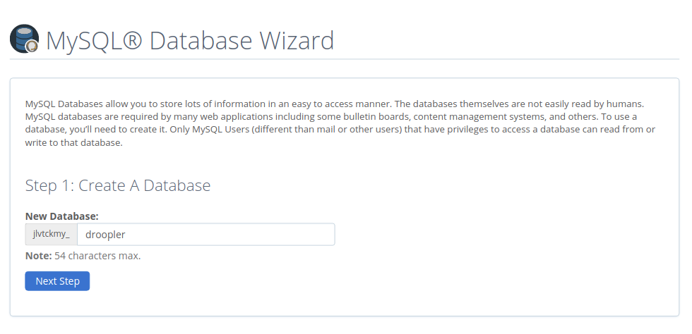 Definiowanie nazwy bazy danych w MySQL Database Wizard