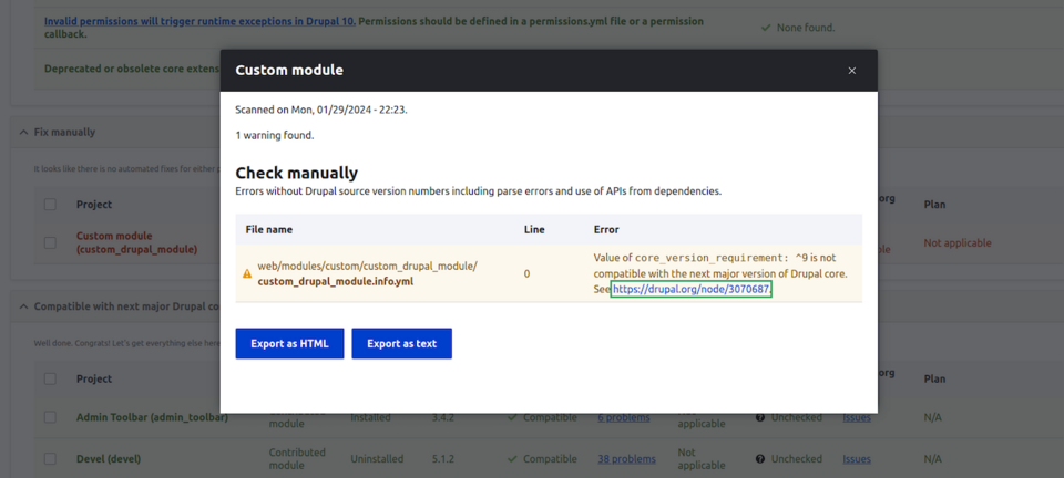 Przykład problemu z modułem Custom module z Drupalem 10 wykrytego przez Drupal Upgrade Module.