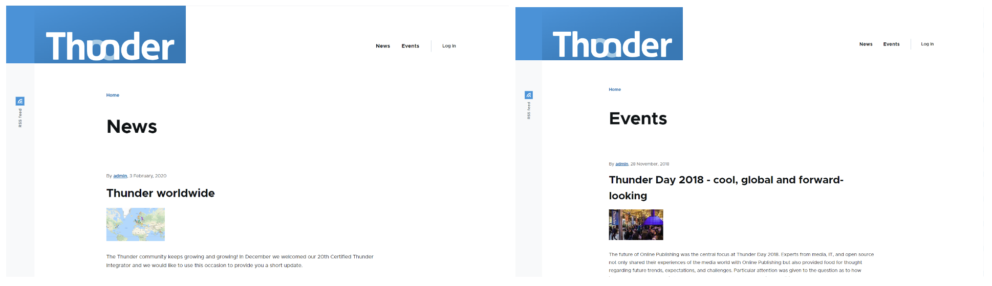 News i Events to dwie przykładowe kategorie, w których możemy dystrybuować treści w Thunder CMS. 
