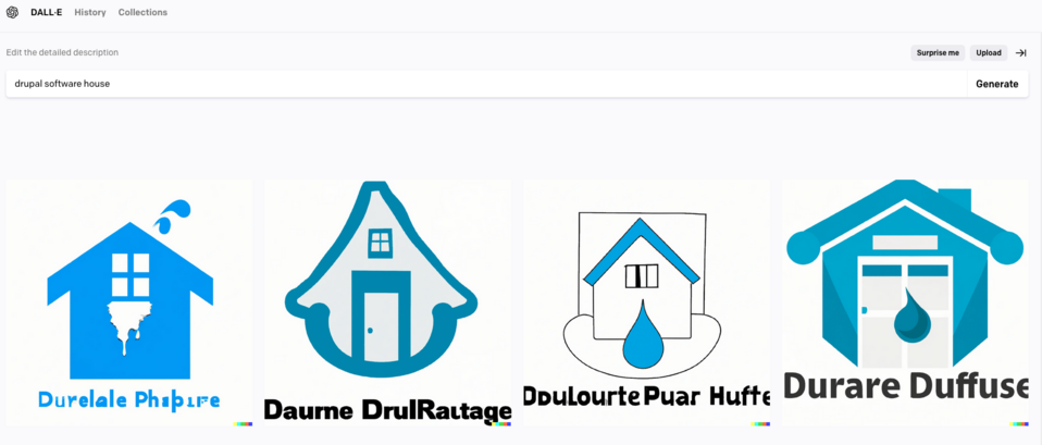 Przykłady obrazów wygenerowanych przez Dall-E 2 na podstawie hasła “drupal software house”.