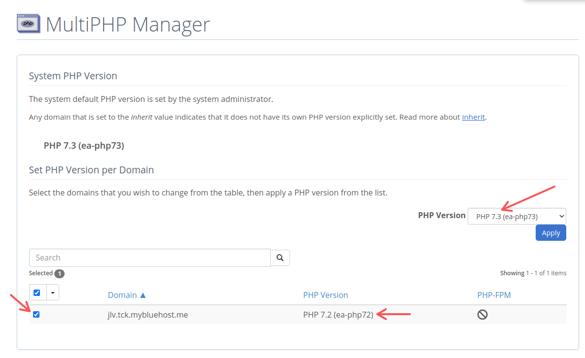 Wybieranie konkretnej wersji PHP w MultiPHP Manager