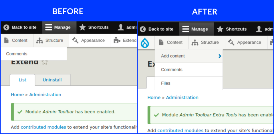 Dzięki zastosowaniu modułu Admin Toolbar Extra Tools, pasek narzędziowy zyskuje znaczną część dodatkowych linków