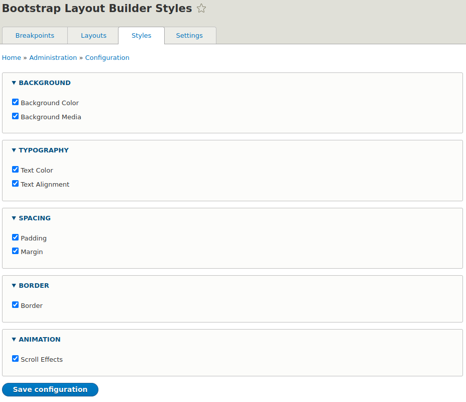 Konfigurowanie parametrów stylów dla sekcji w zakładce Bootstrap Layout Builder Styles