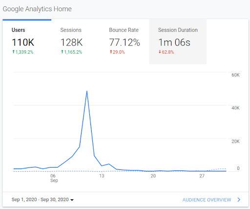 Dane Google Analytics dotyczące witryny 911day.org, pokazujące wzrost ruchu