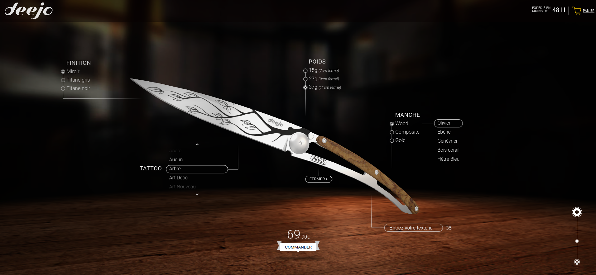 Na stronie e-commerce Deejo użytkownik może zaprojektować swój spersonalizowany nóż