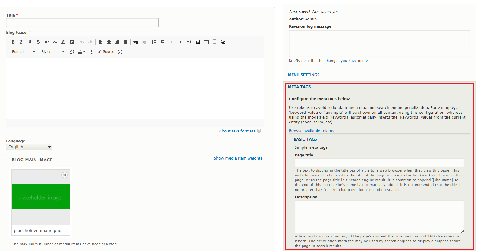 Sekcja do ustawiania meta tagów dla blog posta na stronie zbudowanej w Drooplerze
