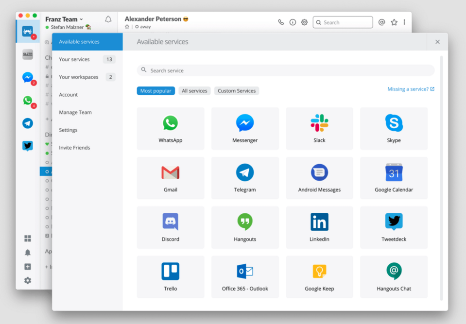 W aplikacji do przesyłania wiadomości Franz możesz dodać swoje konta z różnych narzędzi do czatowania