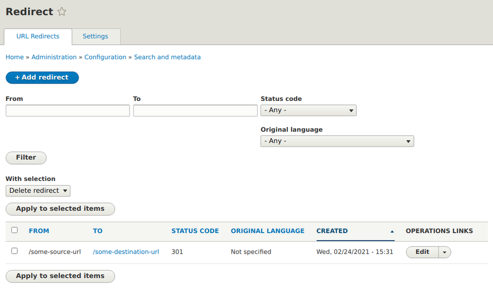 Lista przekierowań w module Drupala Redirect