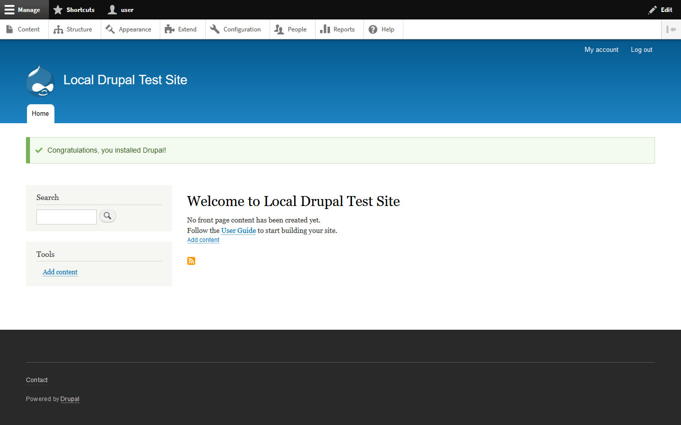 Lokalna strona testowa na Drupalu, darmowym i open source'owym systemie zarządzania treścią