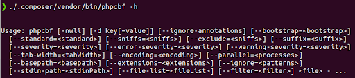 Możliwe parametry dla skryptu phpcbf w Composerze