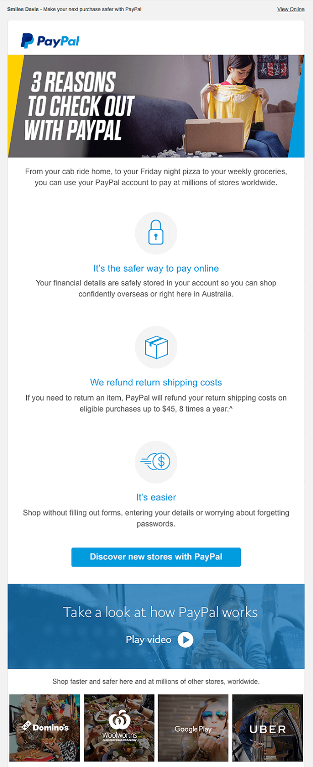 E-mail od PayPal to przykład e-mail marketingu dotyczącego usług finansowych