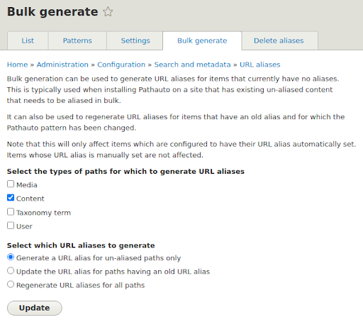 Ponowne generowanie aliasów URL przy użyciu funkcji Bulk Generate w module Pathauto