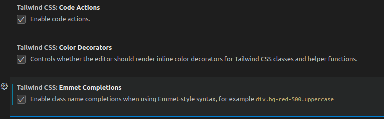Ważne opcje do zaznaczenia w ustawieniach wtyczki Tailwind CSS IntelliSense