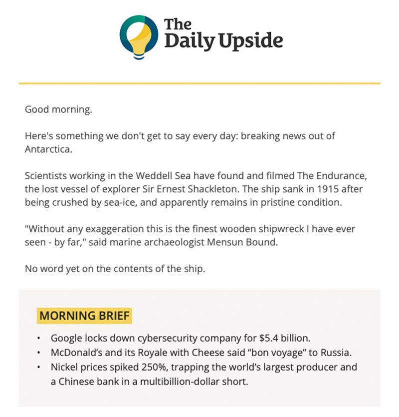 Serwis Daily Upside wysyła newsletter finansowy z podsumowaniem ostatnich wydarzeń na rynku