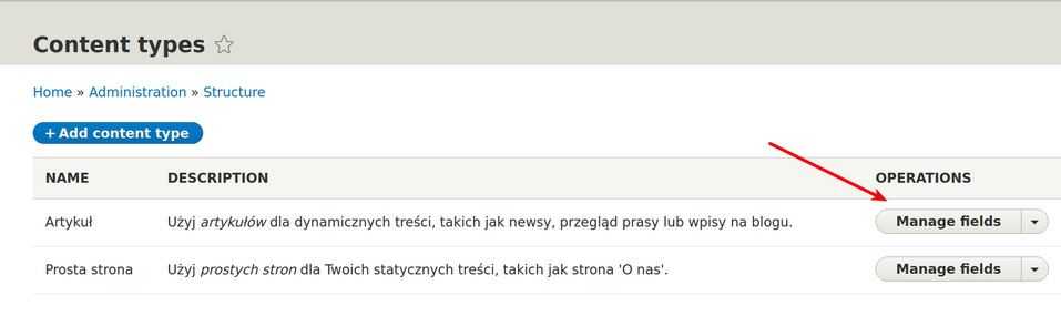 Ścieżka Home->Administration->Structure. Strzałka wskazuje przycisk Manage Fields