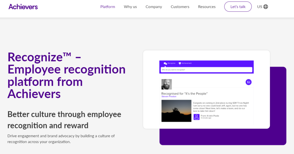 Landing page Recognize - jednej ze stron z ofertą firmy Achievers