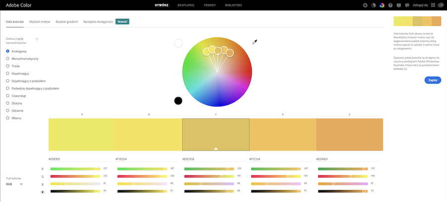 Adobe Color to zaawansowany generator kolorów, który pozwala odkrywać barwy i komponować palety.