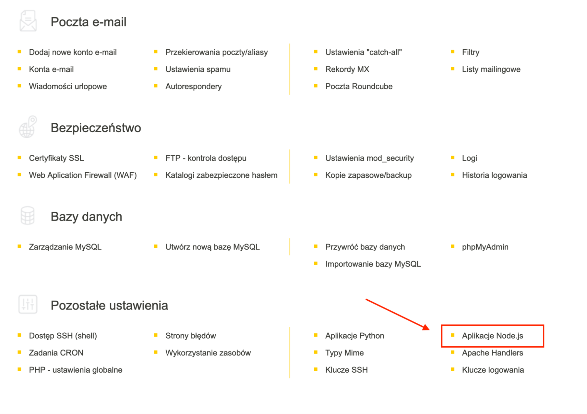 Widok sekcji Pozostałe Ustawienia na cyberfolks.pl ze wskazaniem miejsca Aplikacje Node.js