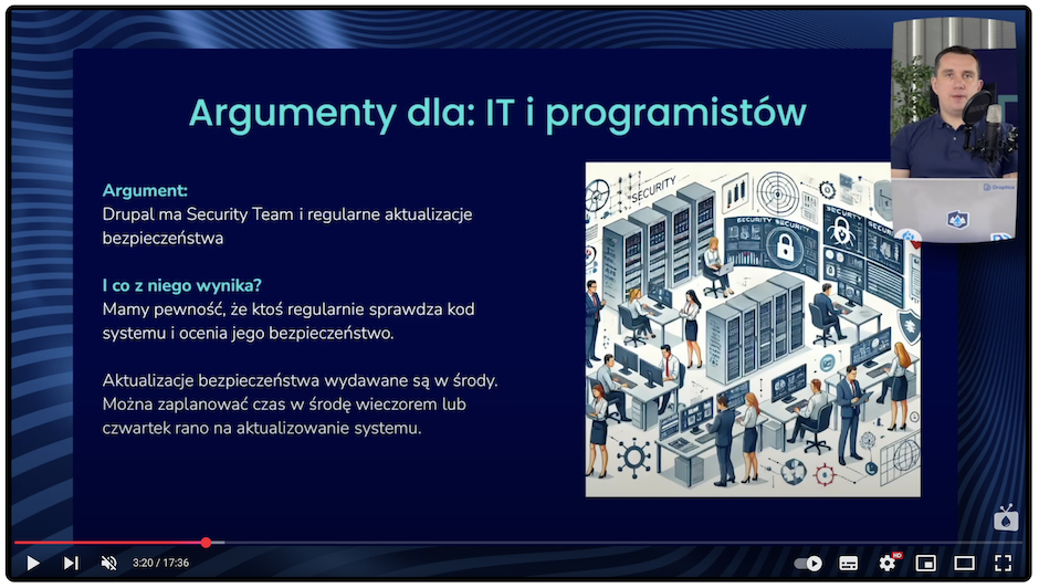 Plansza prezentująca argument za tym, że Drupal to najlepszy CMS dla programistów ze względu bezpieczeństwa.